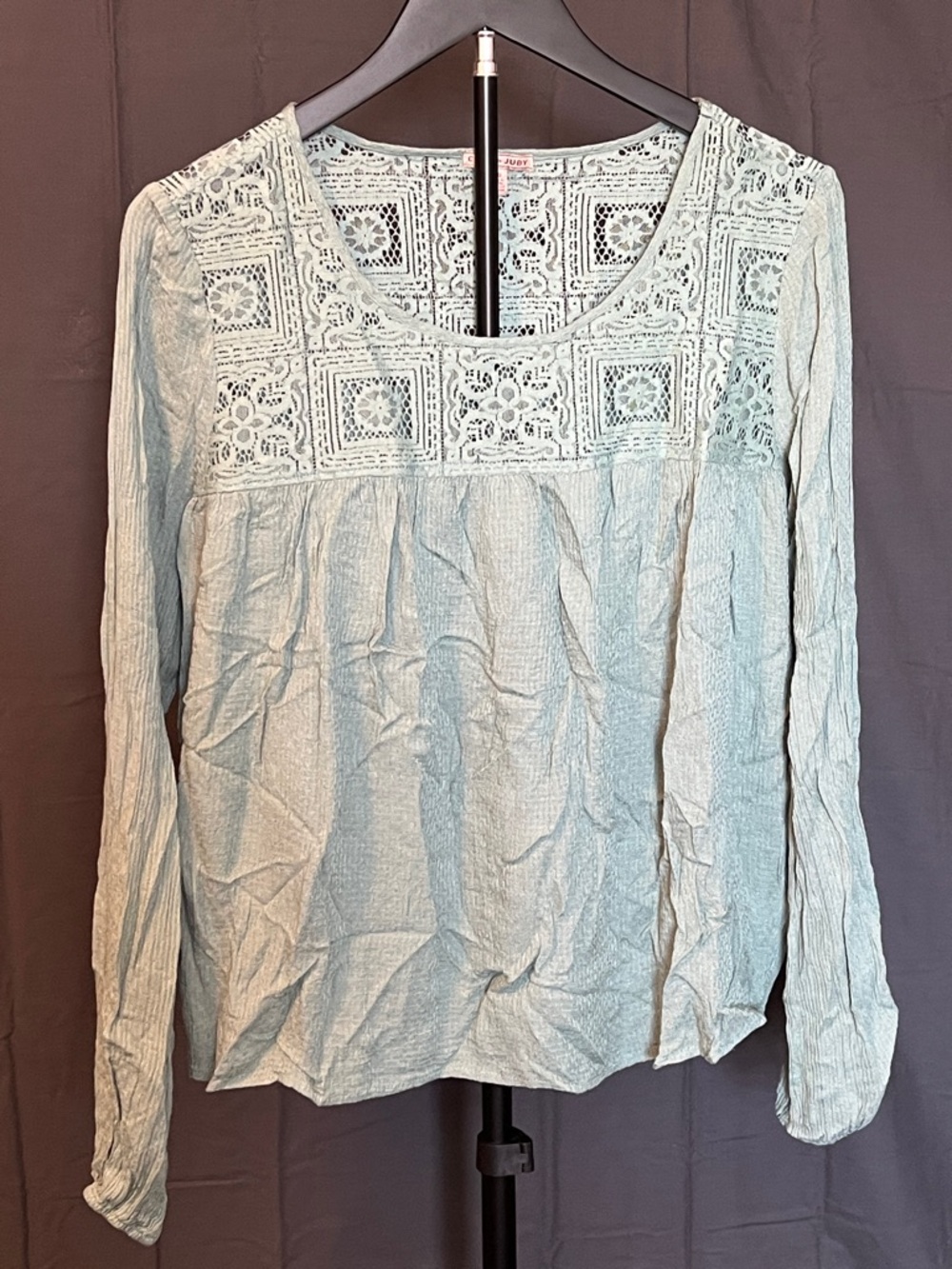Cape Juby Light Blue Lace Yoke Long Sleeve Top, Size L